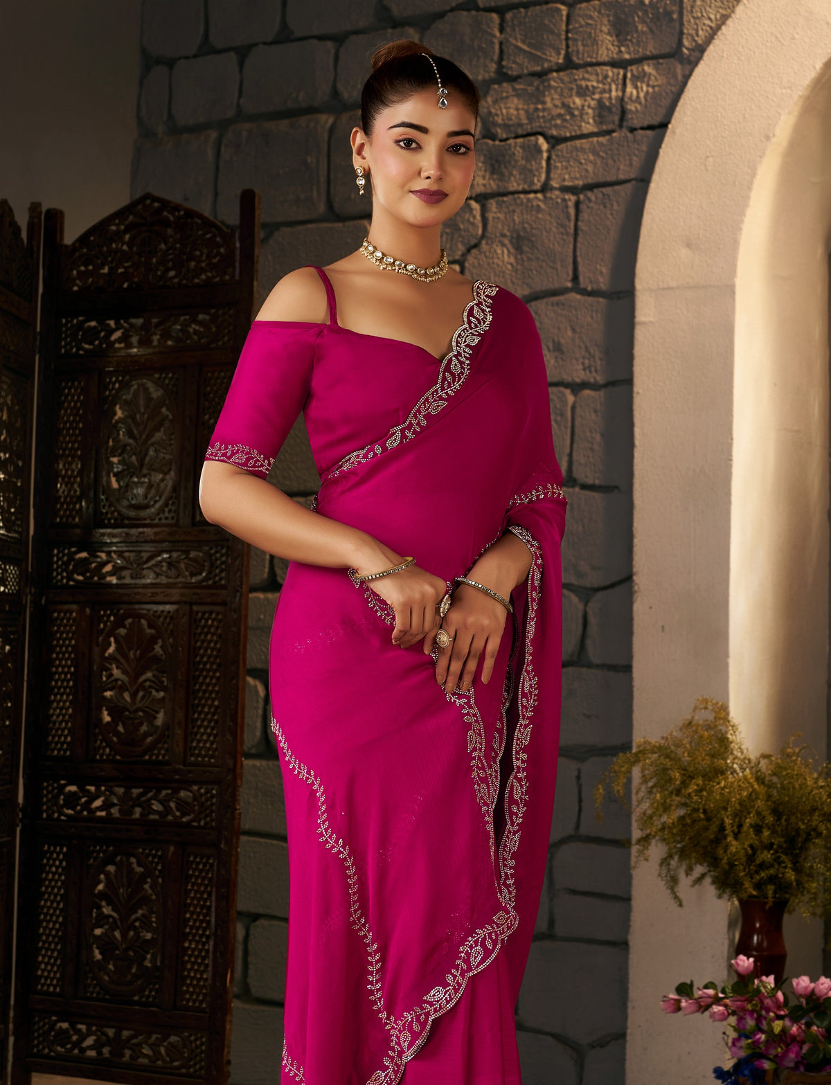 Elegant wedding look featuring the Pink Gold Stonework Designer Saree by Chhoga.