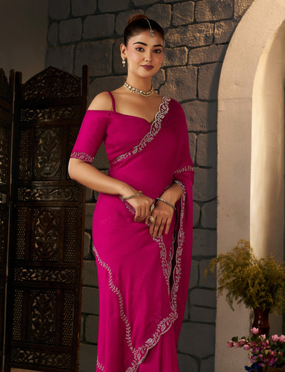 Elegant wedding look featuring the Pink Gold Stonework Designer Saree by Chhoga.