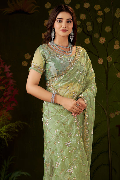 Elegant half view of Chhoga Pistachio Green Tissue Silk Saree with embellished floral design