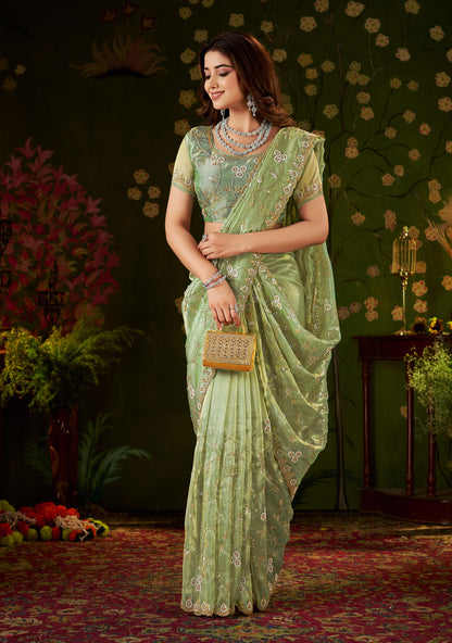 Chhoga Pistachio Green designer tissue silk saree with floral vine embellishments