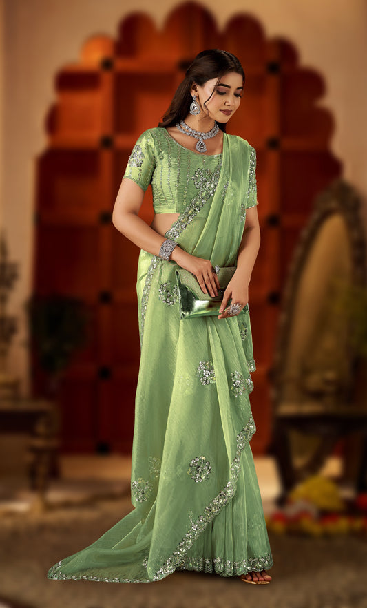 Chhoga Pistachio Green Floral Motif Saree angled full view