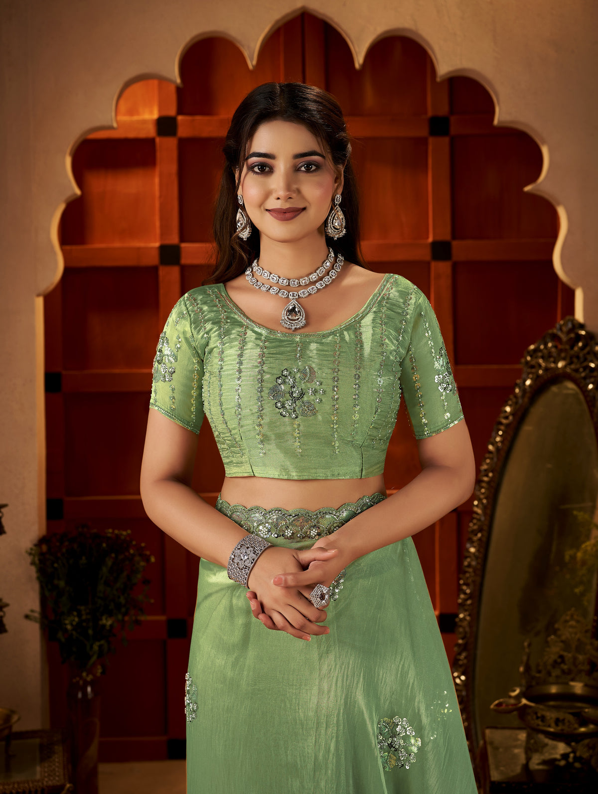 Chhoga Pistachio Green Tissue Silk blouse piece matching Floral Motif Saree