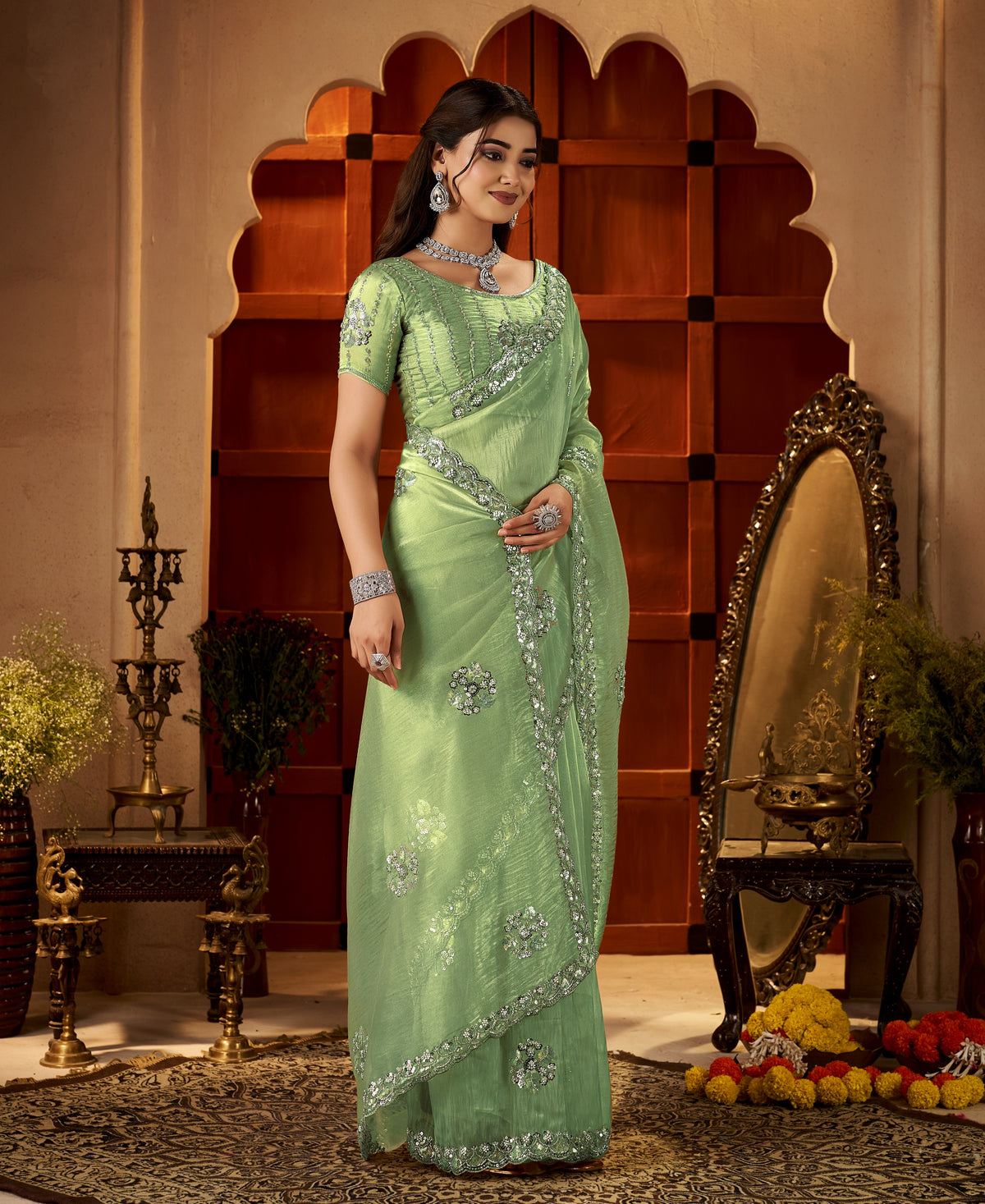 chhoga pistachio green floral motif saree scalloped border with intricate bead work