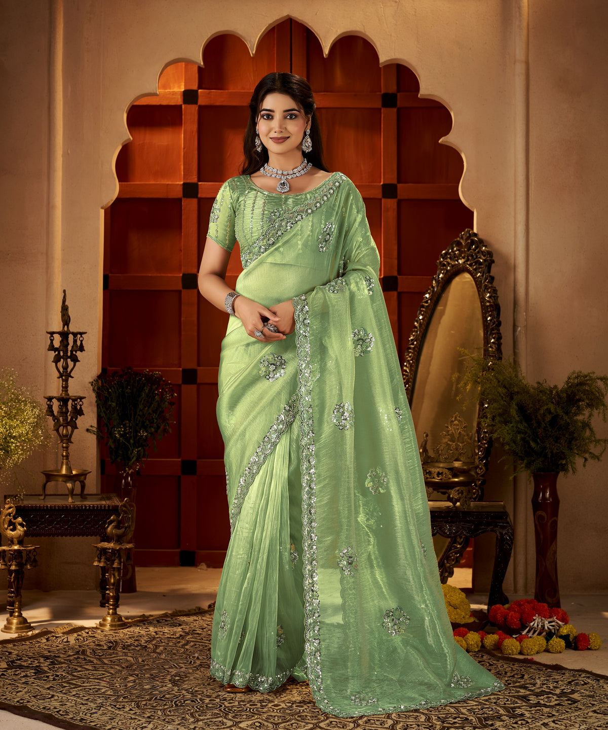 Chhoga Pistachio Green Floral Motif Saree festive designer look