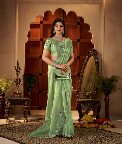 Chhoga Pistachio Green Floral Motif Saree full length designer look
