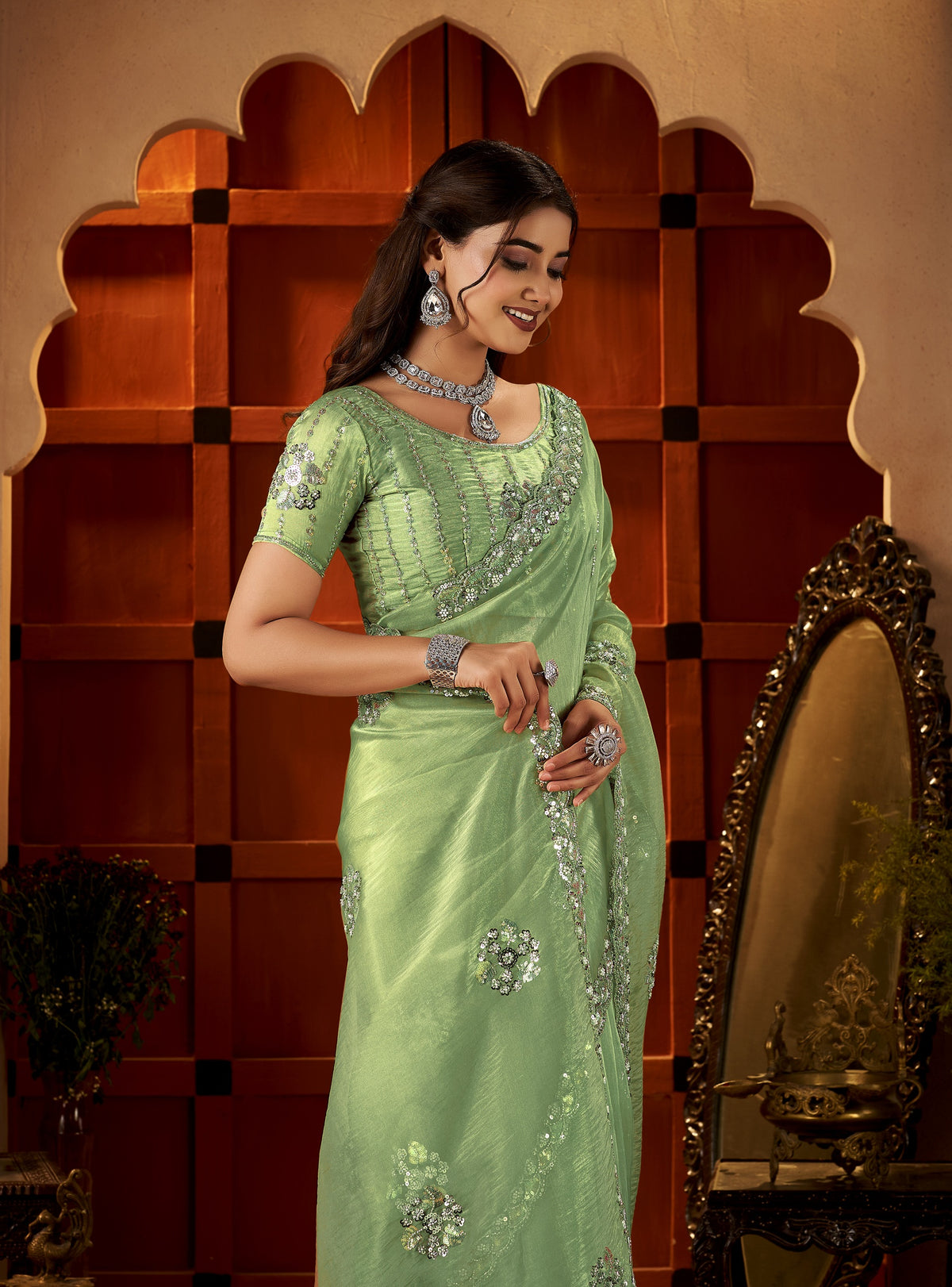 Chhoga Pistachio Green Floral Motif Saree side profile highlighting graceful drape