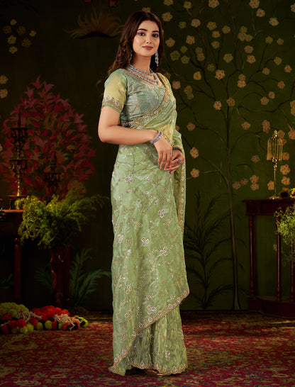 Chhoga Pistachio Green designer tissue silk saree with floral vine embellishments