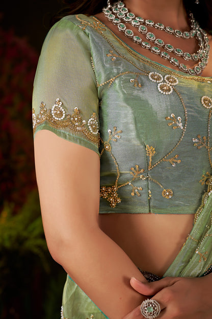 Chhoga Pistachio Green Tissue Silk blouse piece with matching hand work