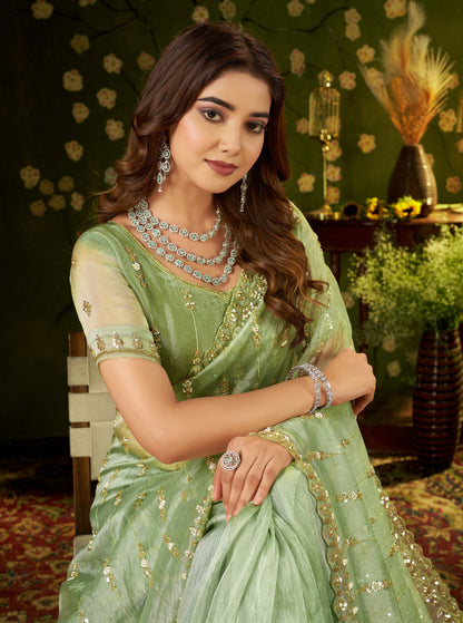 Half-length front view of pistachio green tissue silk saree showing waist pleats and blouse detail.