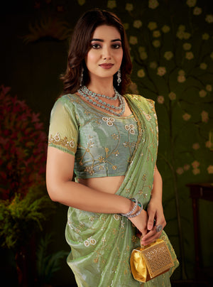 Pistachio Green Floral Vine Tissue Silk Saree with Hand Work