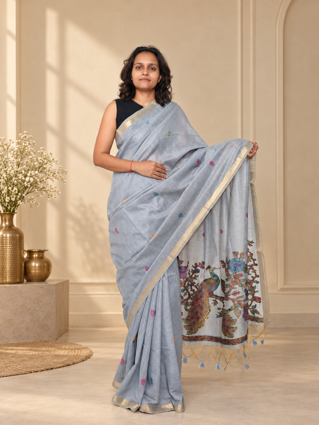 Powder Blue Cotton Peacock Kalamkari Woven Saree with Gold Stripes