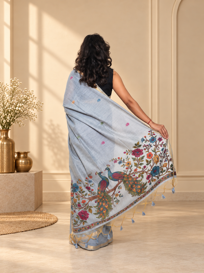 Powder Blue Cotton Woven Saree with Kalamkari Motifs and Gold Stripes