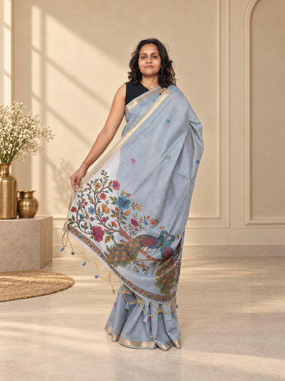 Powder Blue Cotton Kalamkari Woven Saree with Peacock Motifs