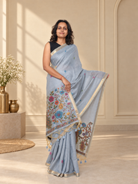 Powder Blue Cotton Peacock Kalamkari Woven Saree with Gold Stripes