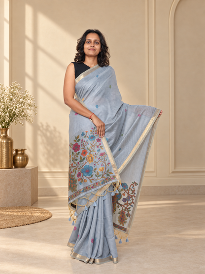 Powder Blue Cotton Saree with Peacock Kalamkari Woven Design