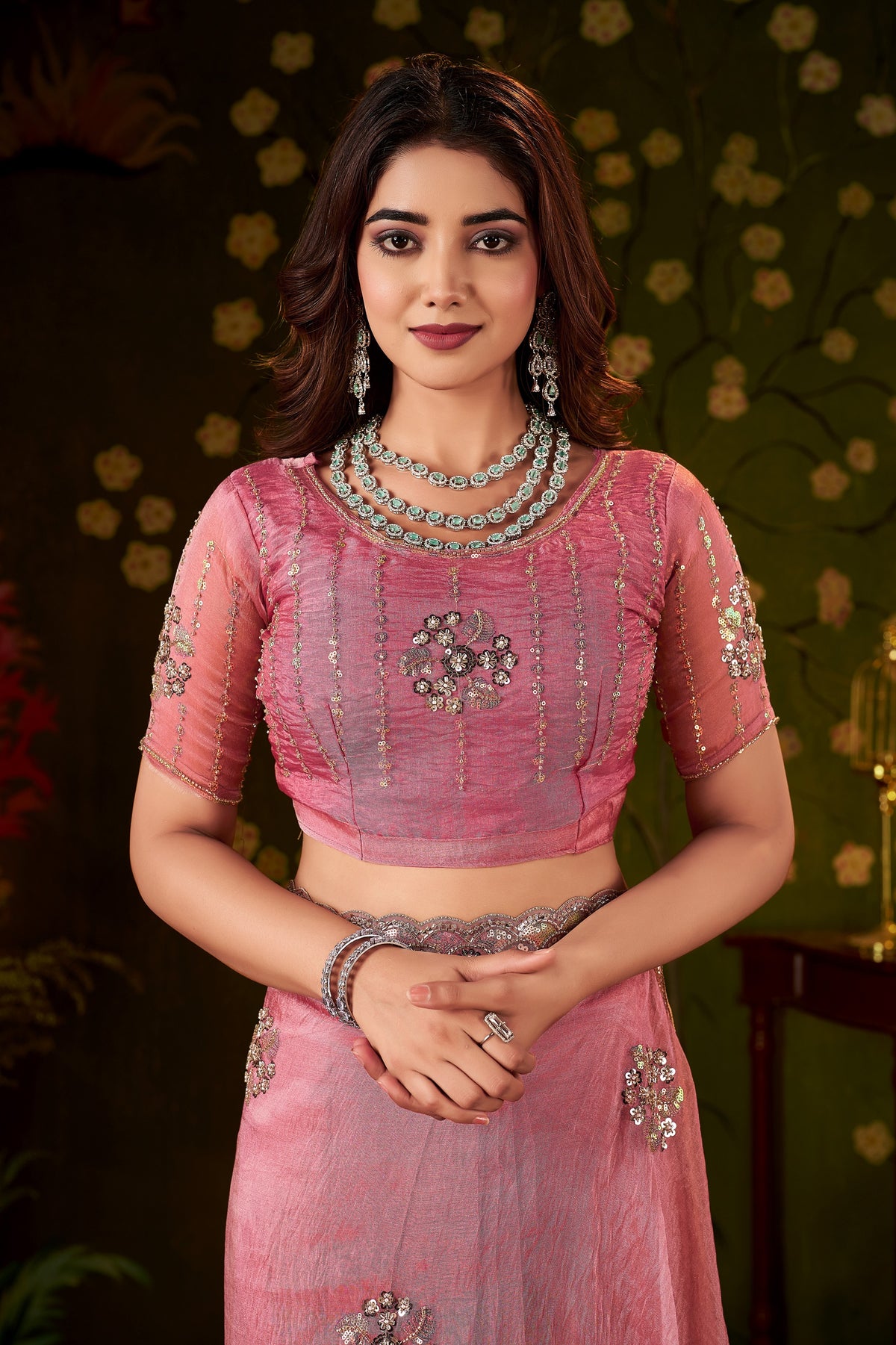 chhoga rose pink blouse with matching hand embellishments