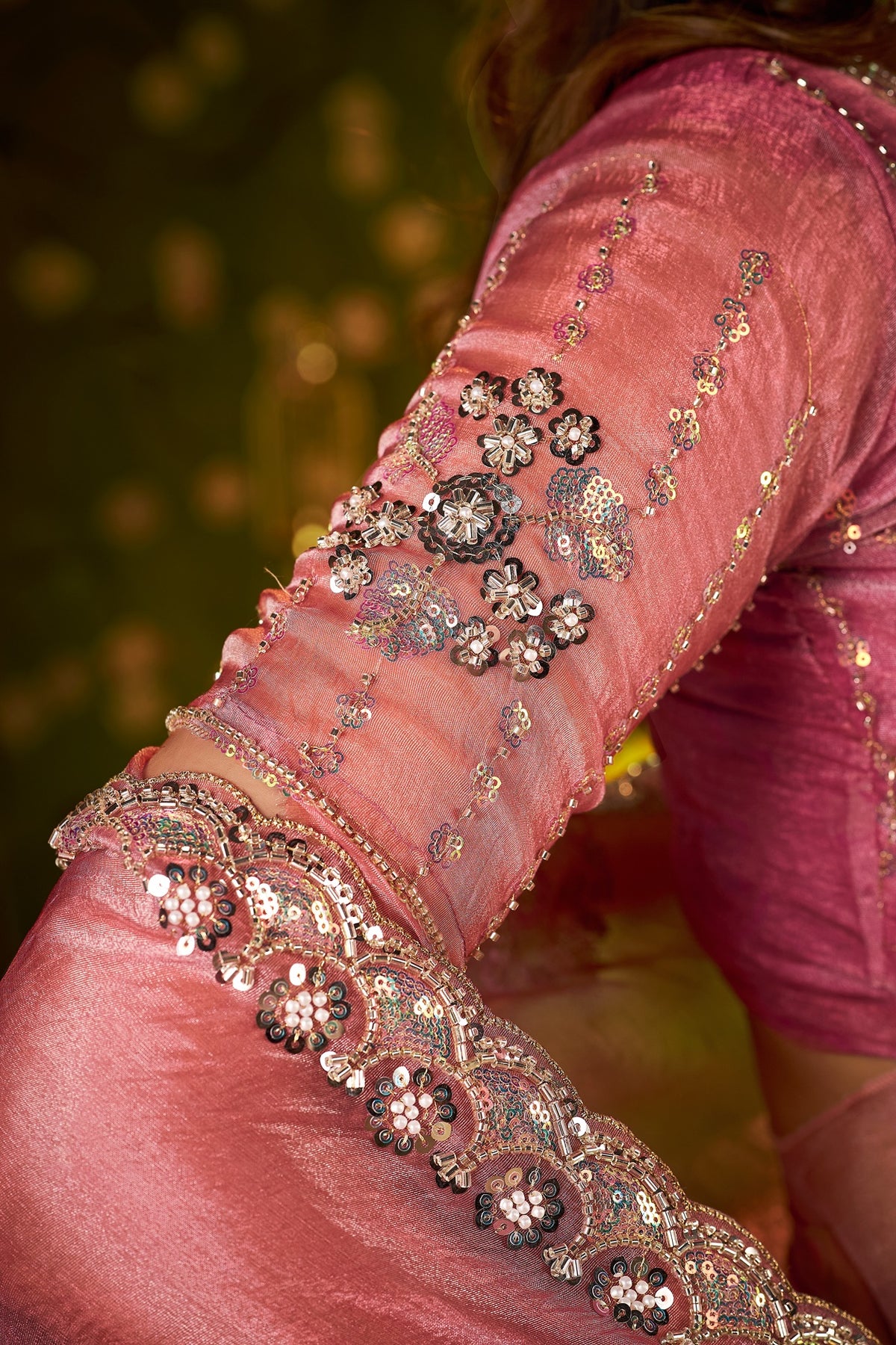 chhoga rose pink tissue silk blouse piece matching floral motif saree