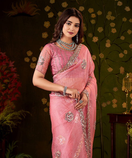 Chhoga Rose Pink Floral Motif Saree scalloped border with intricate bead embellishments