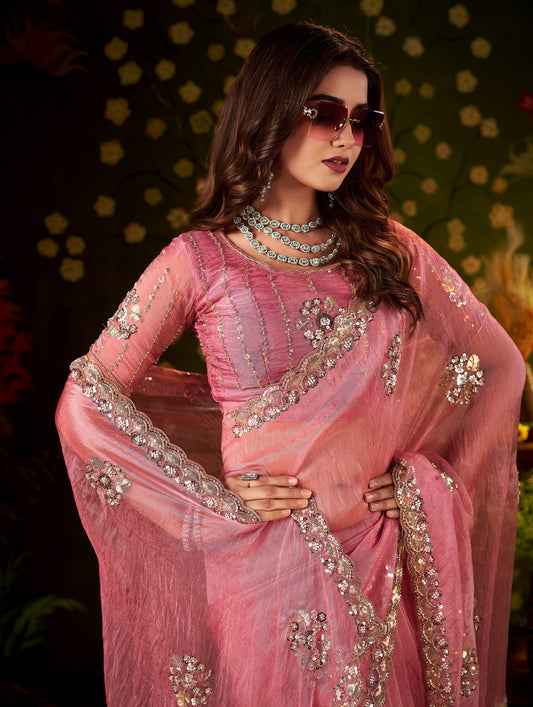 Chhoga Rose Pink Floral Motif Saree elegant party wear look