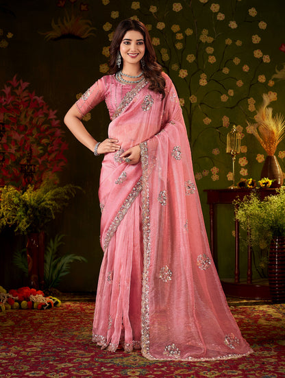 Chhoga Rose Pink Floral Motif Saree festive designer look