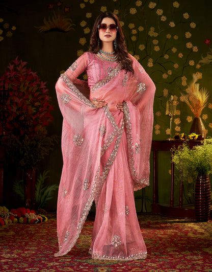 Chhoga Rose Pink Floral Motif Saree front view with hand embellishments