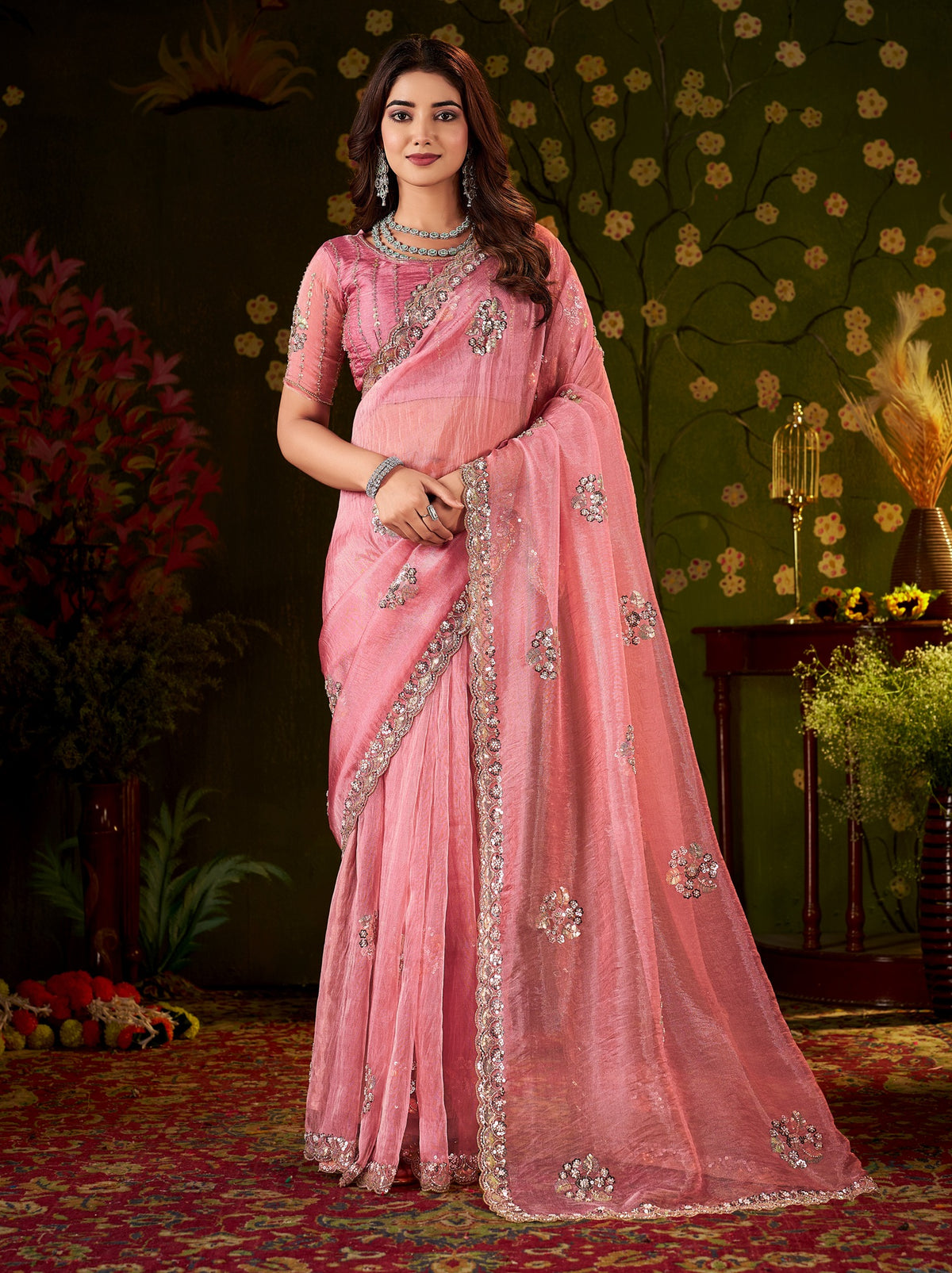 chhoga rose pink floral motif saree elegant occasion wear