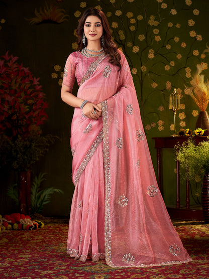 Chhoga Rose Pink Floral Motif Saree elegant occasion wear