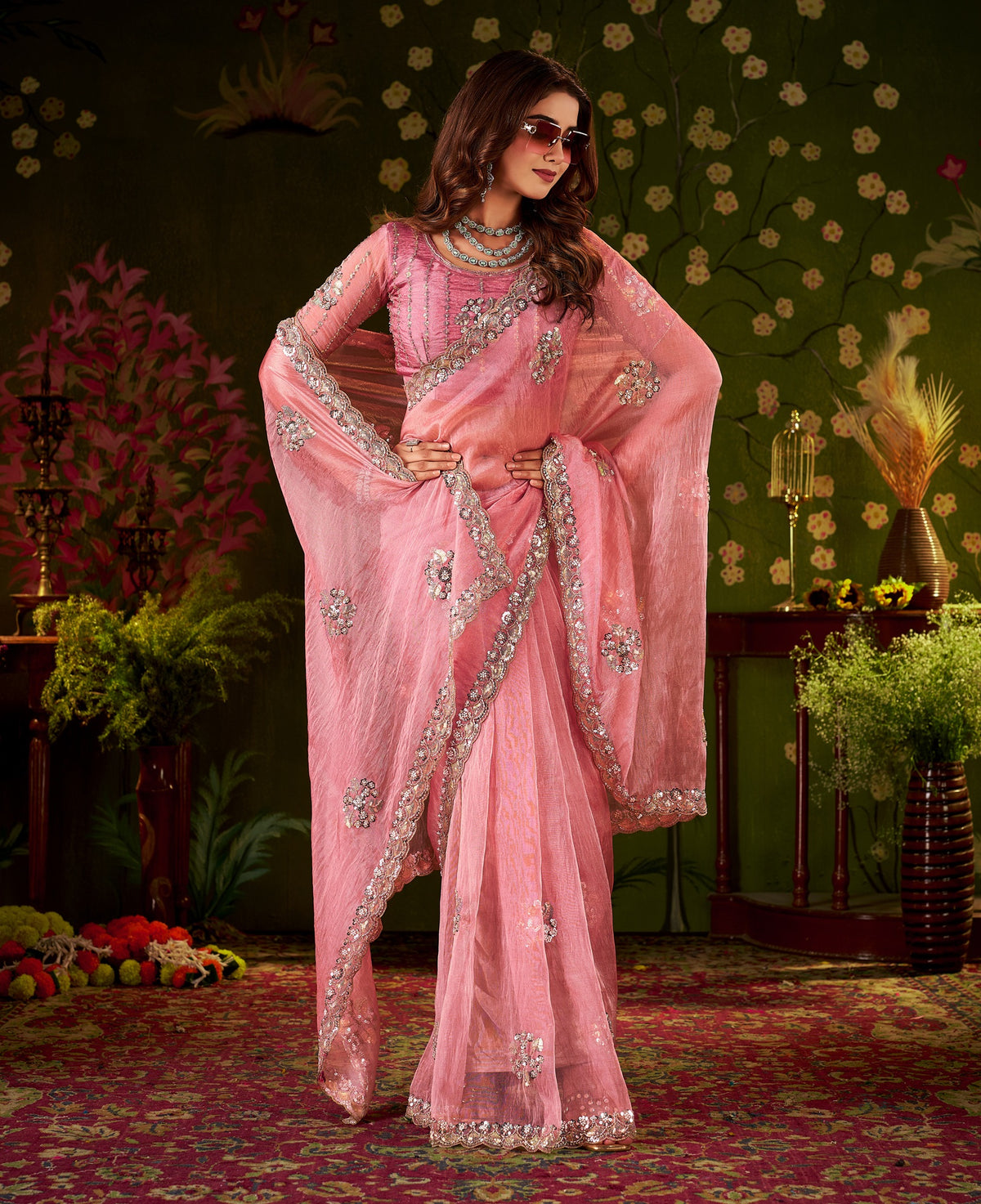 chhoga rose pink floral motif saree full length designer look