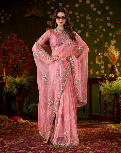 Chhoga Rose Pink Floral Motif Saree elegant front pose