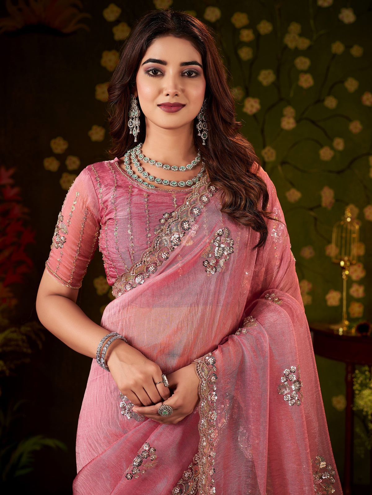 chhoga rose pink floral motif saree with intricate floral hand embellishments