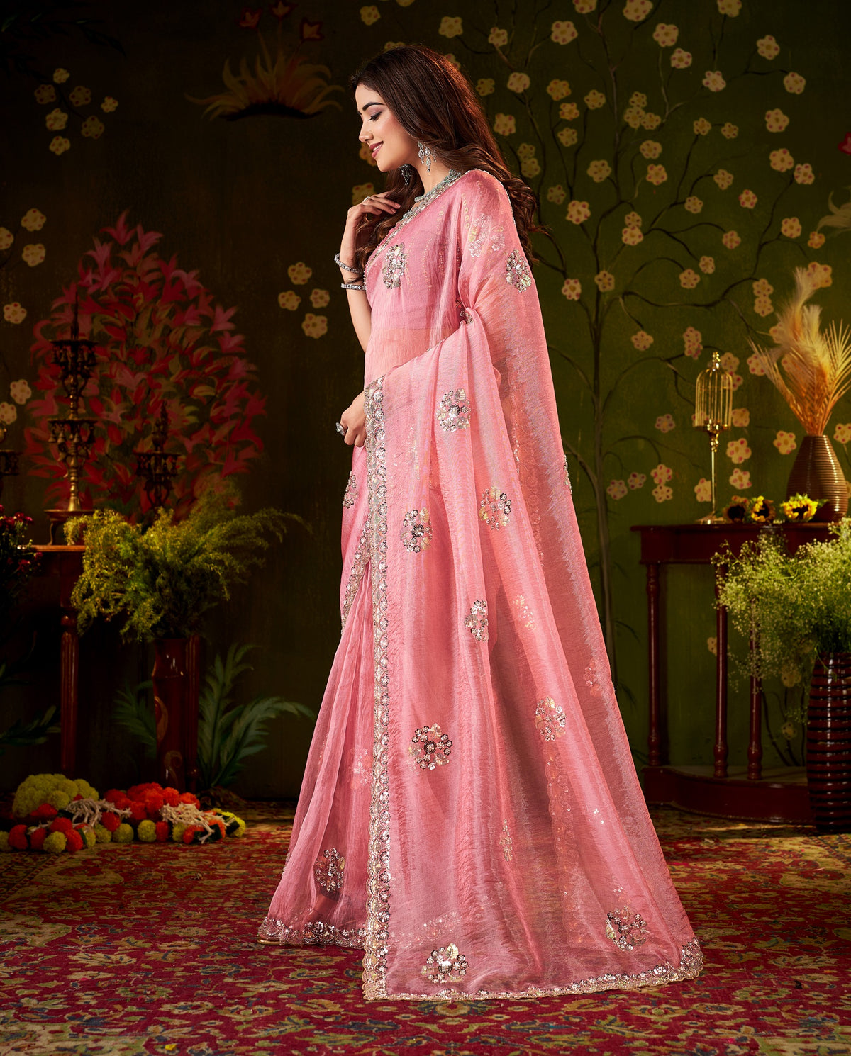 Chhoga Rose Pink Floral Motif Saree side profile highlighting graceful drape