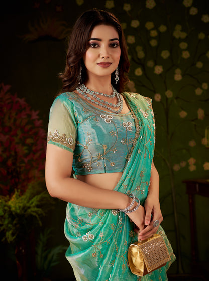 Elegant half view of Chhoga Sea Green Tissue Silk Saree with embellished floral design