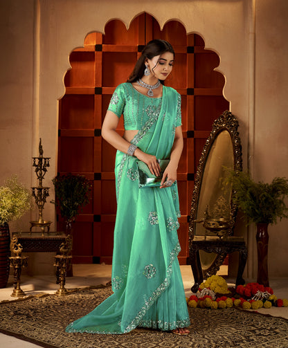 Chhoga Sea Green Floral Motif Saree angled full view