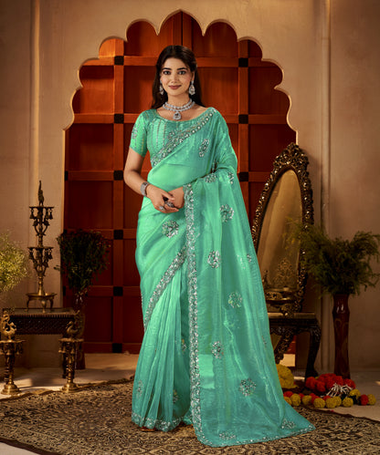 Chhoga Sea Green Floral Motif Saree floral design with hand embellishments and bead work