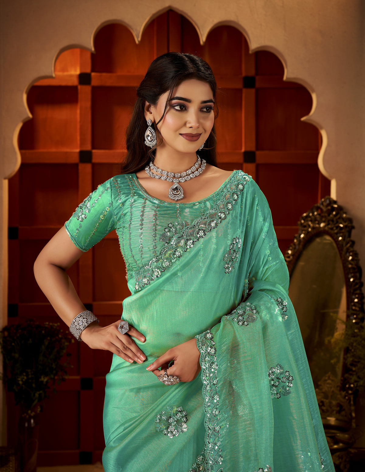Chhoga Sea Green Floral Motif Saree festive designer look