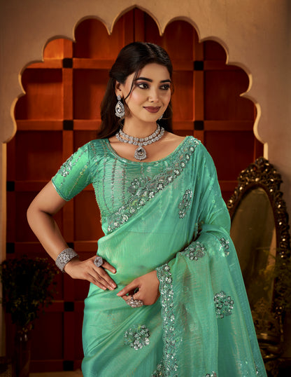 Chhoga Sea Green Floral Motif Saree festive designer look
