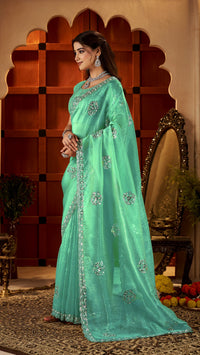 Sea Green Floral Motif Saree