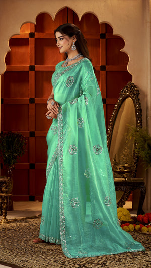 Sea Green Floral Motif Saree