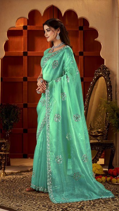 Chhoga Sea Green Floral Motif Saree side profile highlighting graceful drape