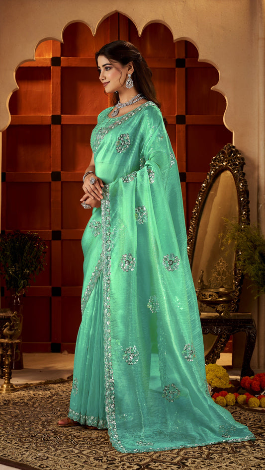 Chhoga Sea Green Floral Motif Saree side profile highlighting graceful drape