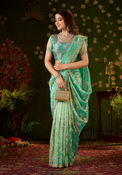 Full view of Chhoga Sea Green Floral Vine Tissue Silk Saree with hand work