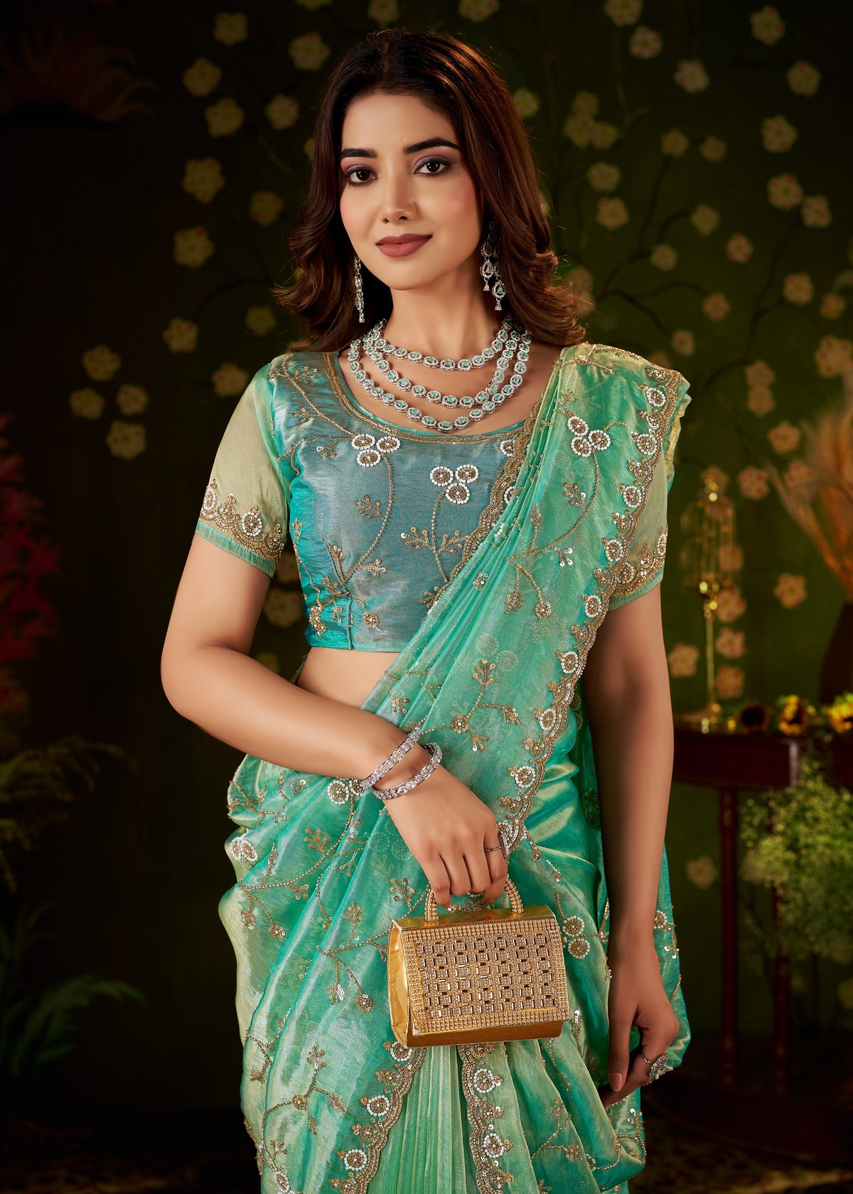Chhoga Sea Green Floral Vine Tissue Silk Saree with intricate hand work - half view