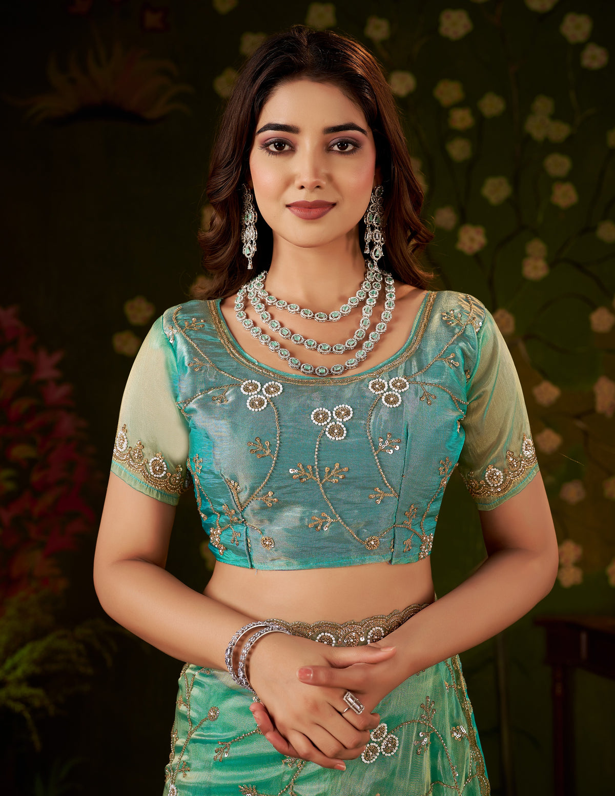 chhoga sea green tissue silk blouse piece with matching hand work