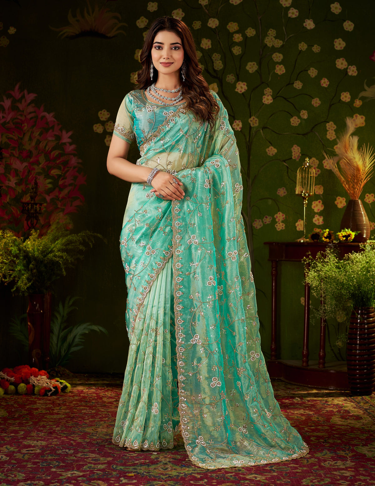 Full view of Chhoga Sea Green Floral Vine Tissue Silk Saree with hand work