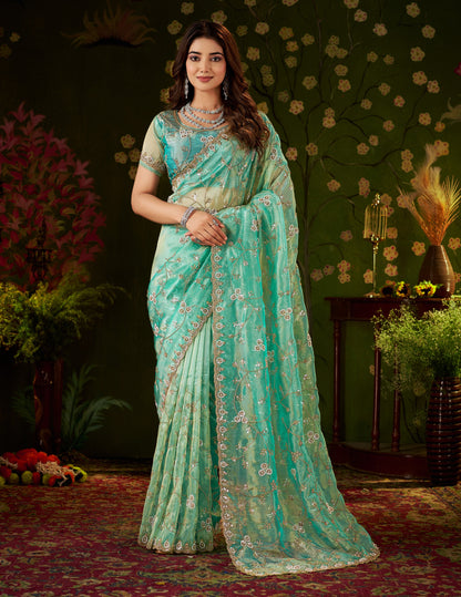 Full view of Chhoga Sea Green Floral Vine Tissue Silk Saree with hand work
