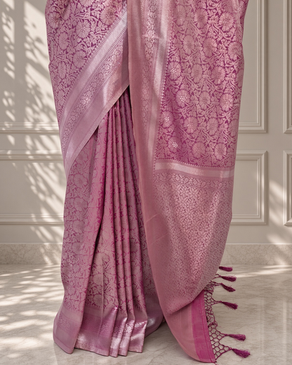 Rose Pink Banarasi Silk Saree with Floral Jaal & Rich Woven Border