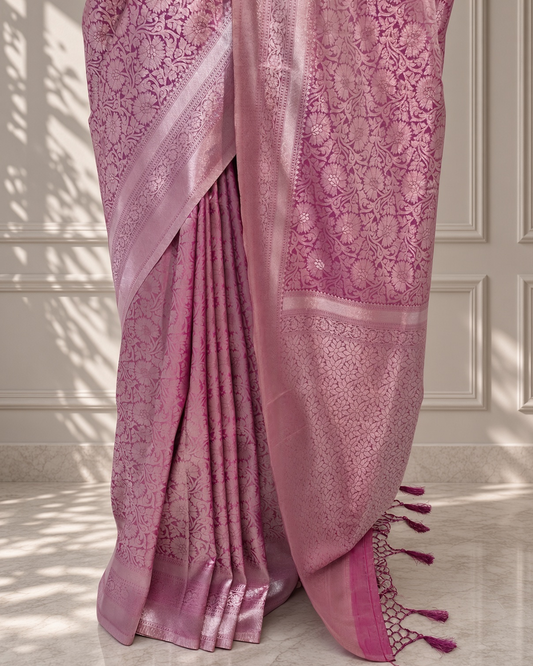 Rose Pink Banarasi Silk Saree with Floral Jaal & Rich Woven Border