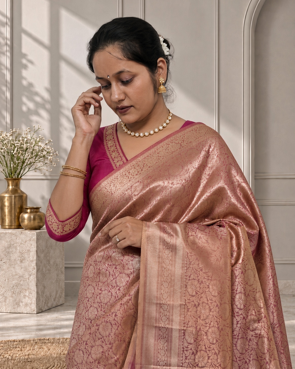 Peach Orange Banarasi Silk Saree with Floral Jaal & Rich Woven Border