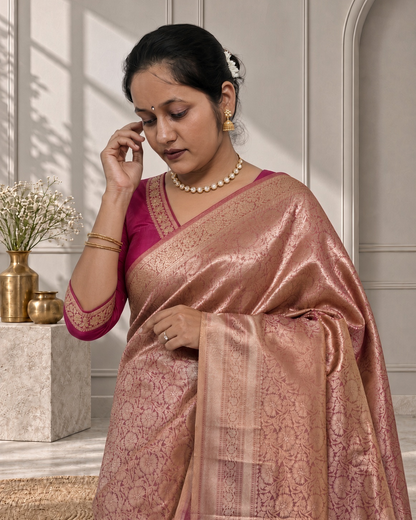 Peach Orange Banarasi Silk Saree with Floral Jaal & Rich Woven Border